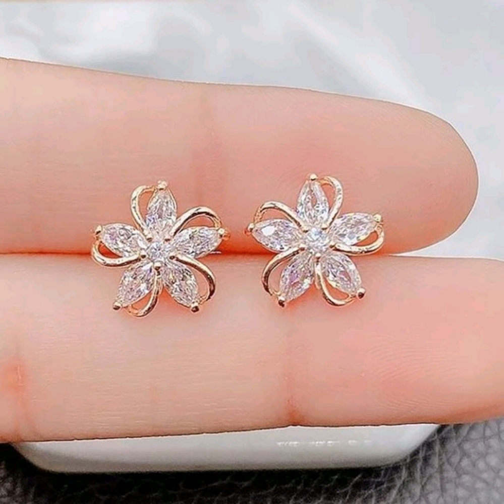 3pair Glamorous Copper Flower Design Cubic Zirconia Decor Stud Earrings For Wome